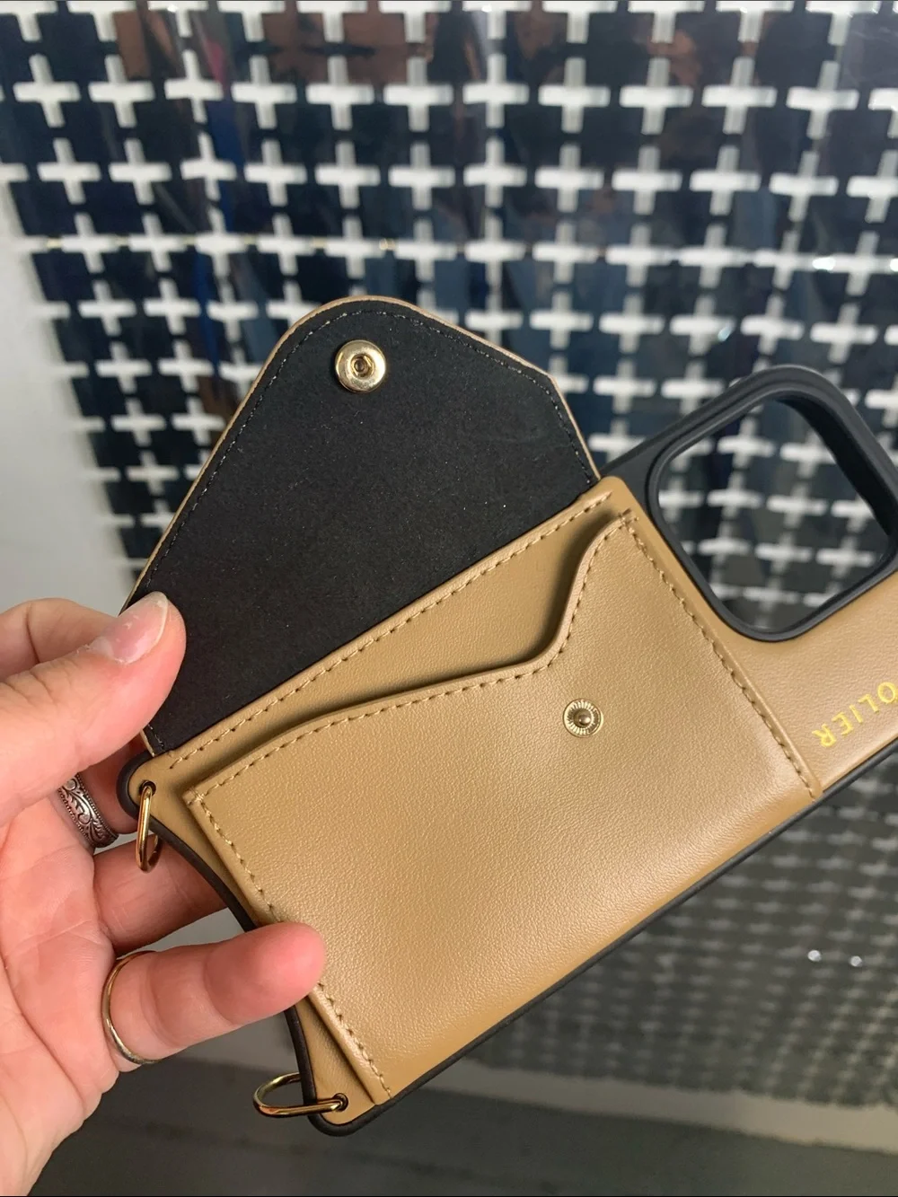 Bandolier Tan Leather Phone Case with Gold Hardware and Card Pocket
